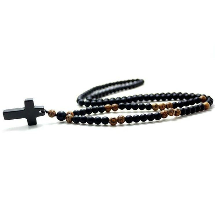 Black Stone and Wood Bead Prayer Rosary with Cross