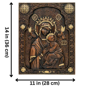 Enhance your home or church with this beautifully crafted wall decor, depicting Our Lady of Perpetual Help. Made from solid wood with intricate hand-carved details and gold highlights, it is perfect for adding a touch of sacred beauty and spiritual significance to any space.