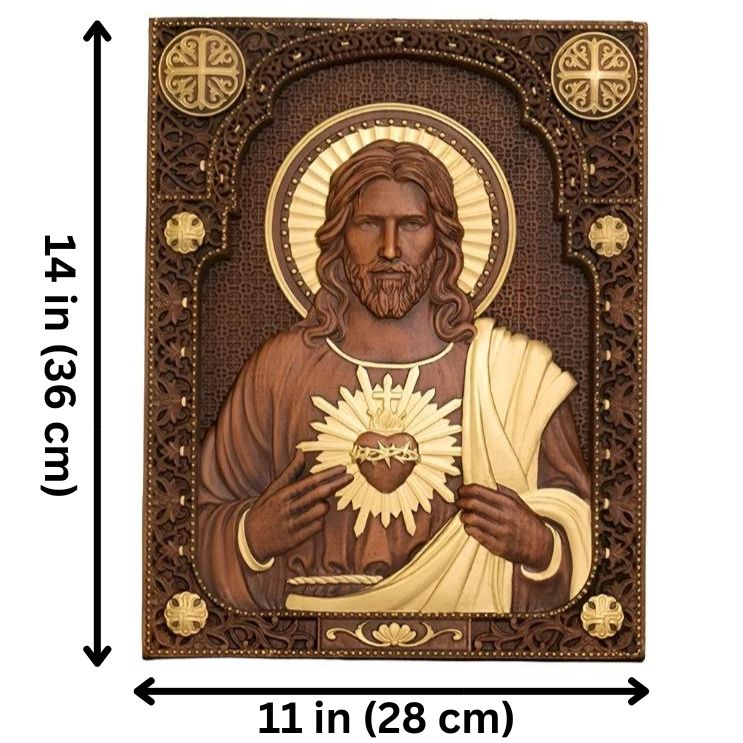 Ideal for adding a touch of sacred beauty to your home, this hand-carved wooden plaque of the Sacred Heart of Jesus is made from high-quality beech wood with hand-painted gold accents. Measuring 14 x 11 x 1 inches (36 x 28 x 2.5 cm), it is perfect for wall hanging and makes a meaningful gift and a beautiful addition to any religious or home decor.