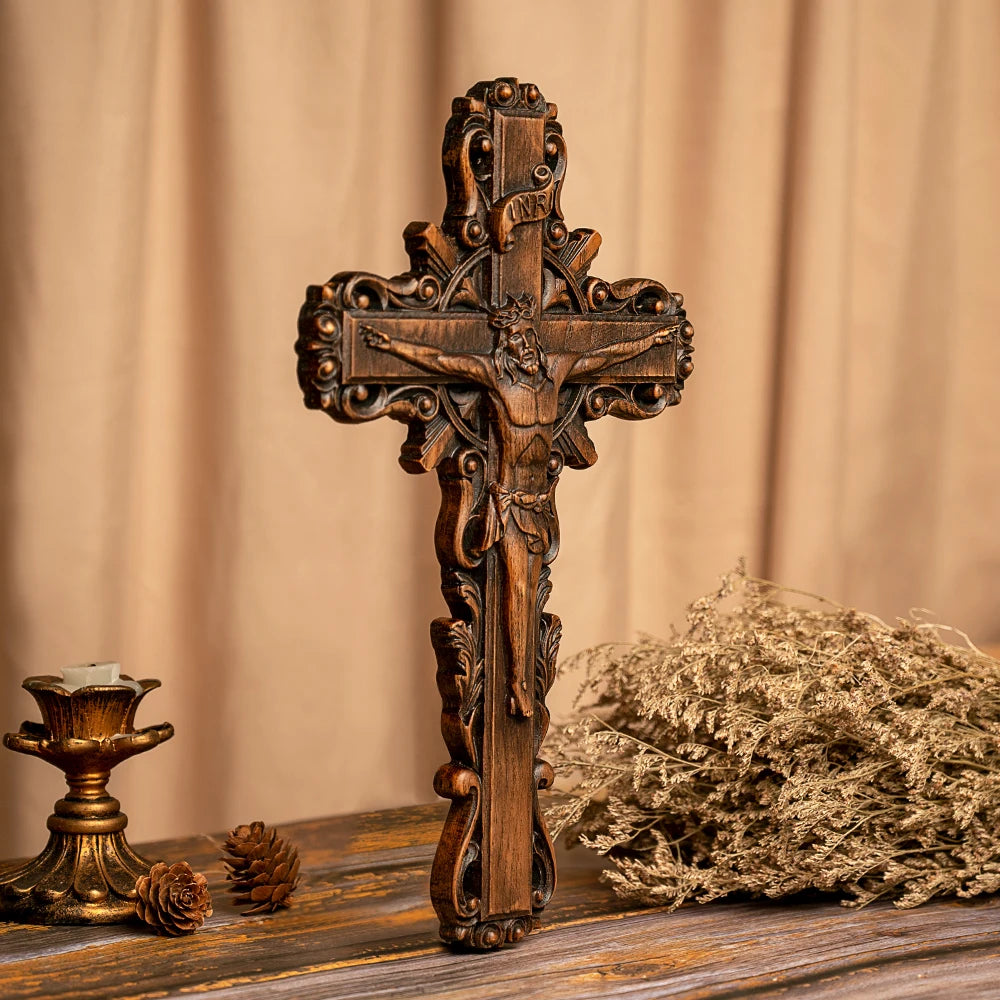 Vintage wooden crucifix featuring an intricately detailed Jesus figure, crafted from solid wood.