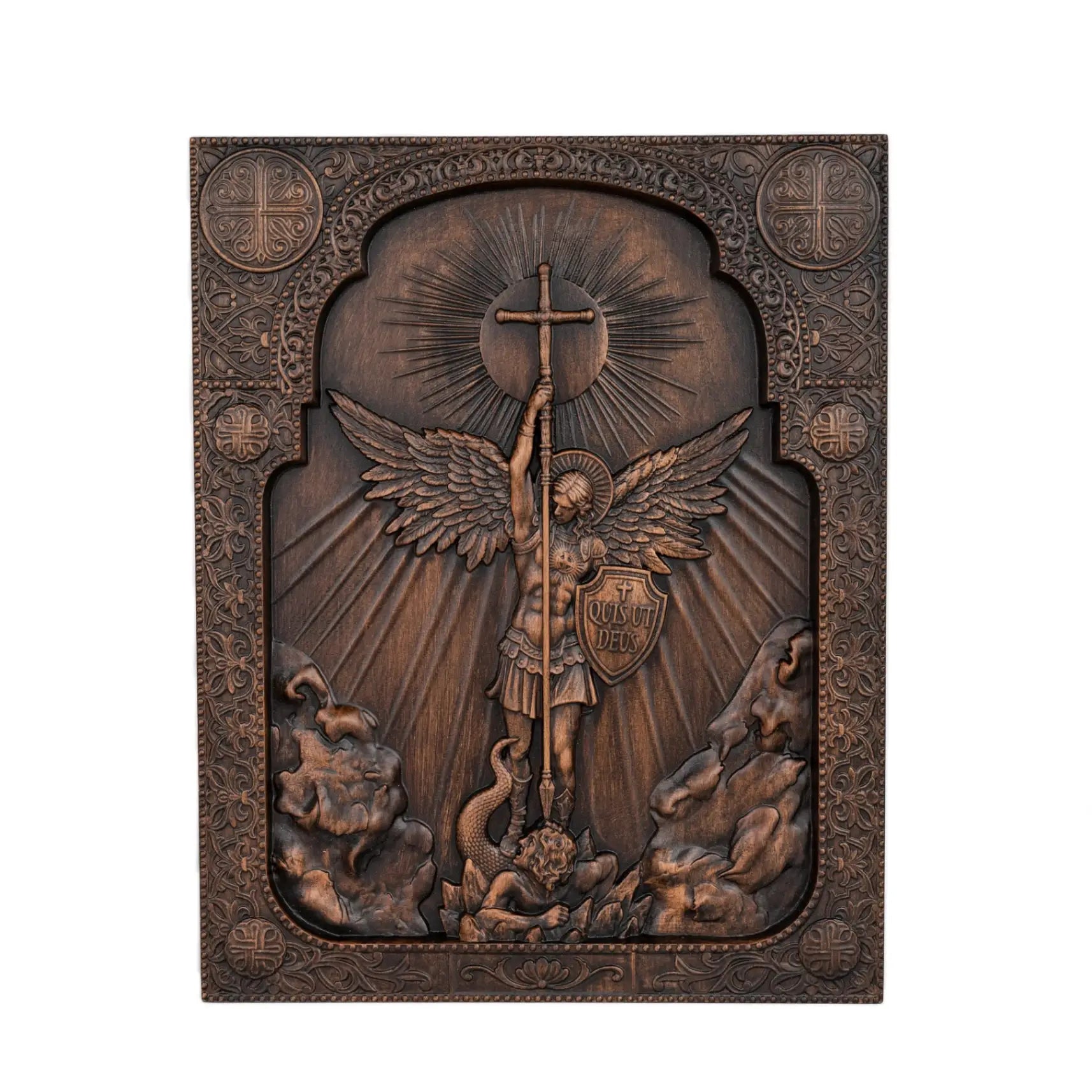 Hand-Carved Archangel Michael Wooden Plaque