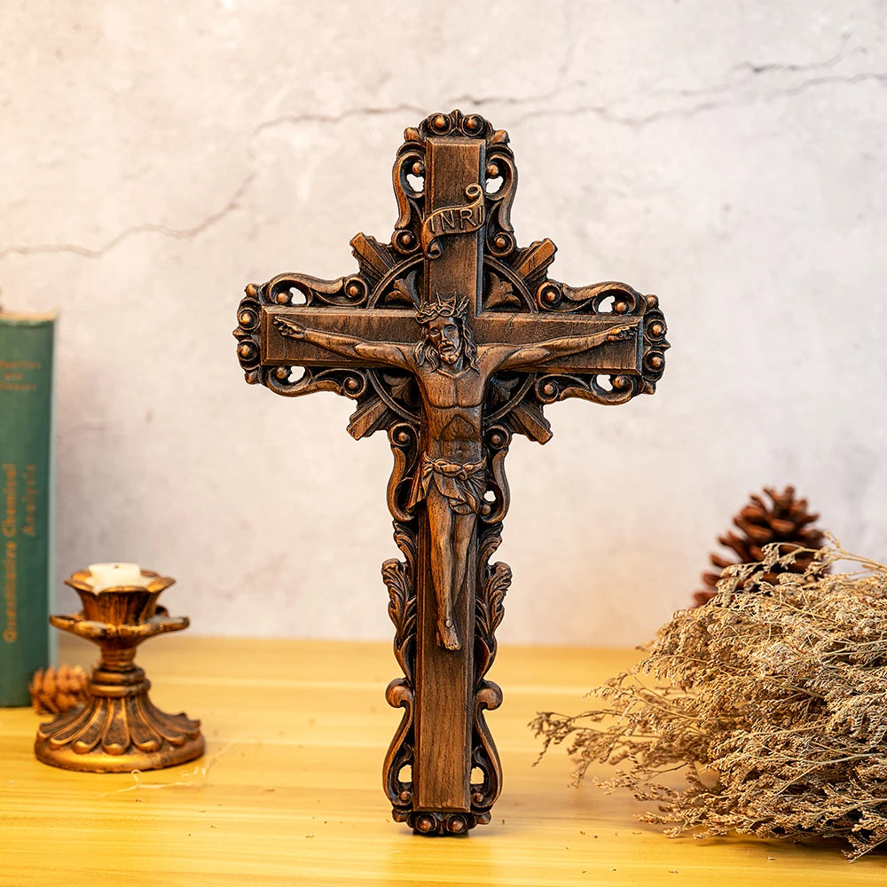 Vintage wooden crucifix featuring an intricately detailed Jesus figure, crafted from solid wood.