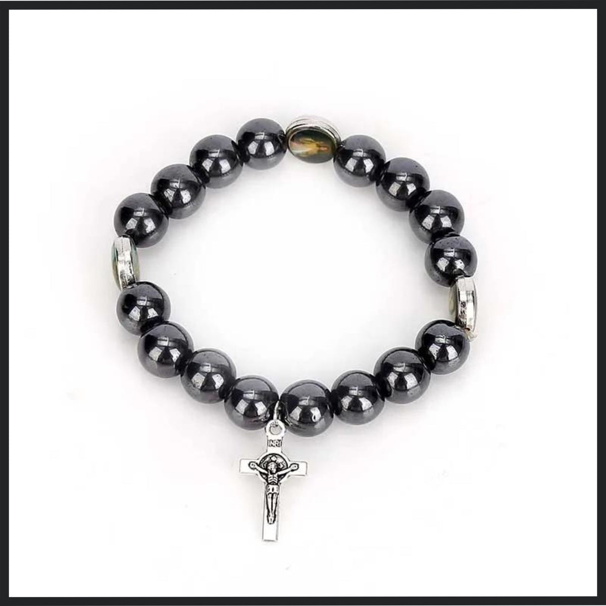 Elegant black stone bead bracelet featuring a zinc alloy crucifix with antique silver plating, showcasing a mix of spirituality and style.