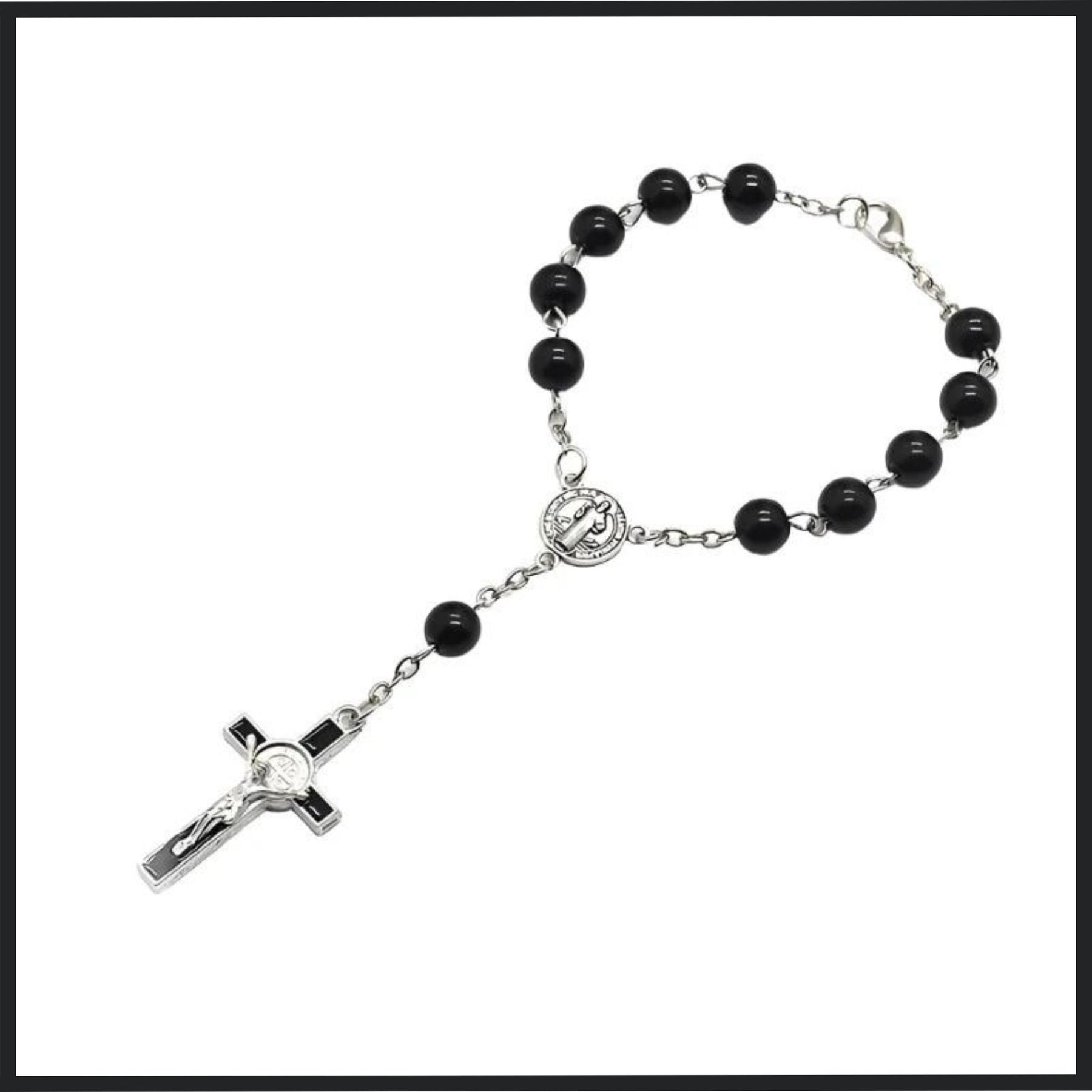 Black glass decade rosary bracelet featuring 8mm beads and a silver crucifix pendant