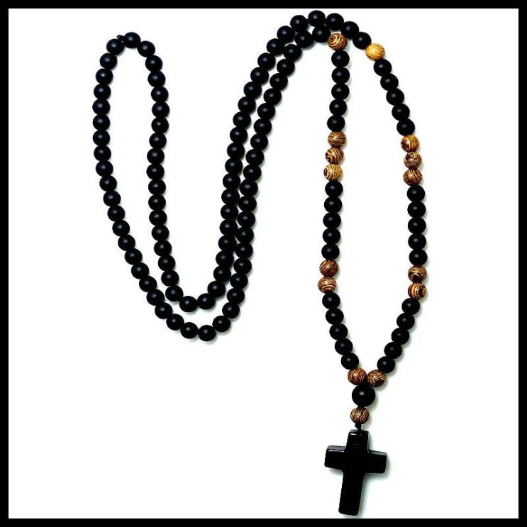 Black stone and wood bead prayer rosary with black stone cross pendant