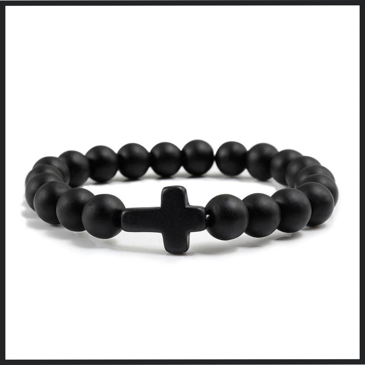 Handcrafted black matte beaded bracelet with natural stone beads and a cross charm, perfect for prayer on the go or daily wear.