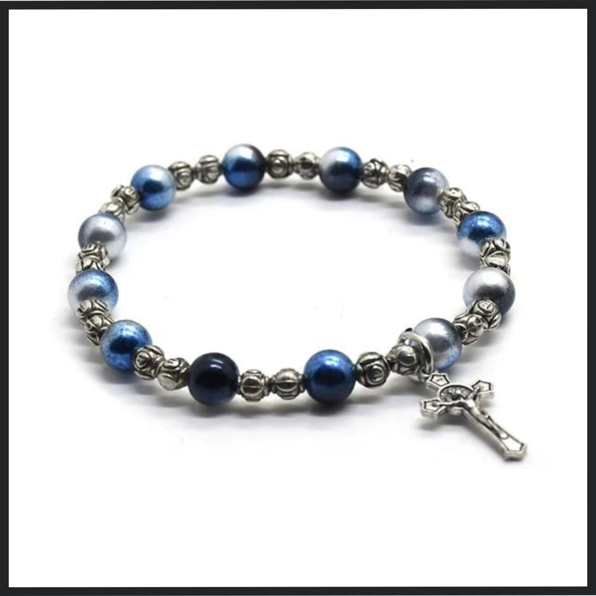 Stylish blue and silver bead bracelet featuring a small alloy cross pendant, perfect for spiritual expression and daily wear.