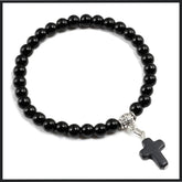 Prayer bracelet with black natural stone beads and a Jesus cross pendant, perfect for religious and everyday wear.