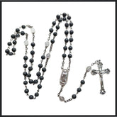 Black lava stone bead rosary with St. Benedict silver crucifix