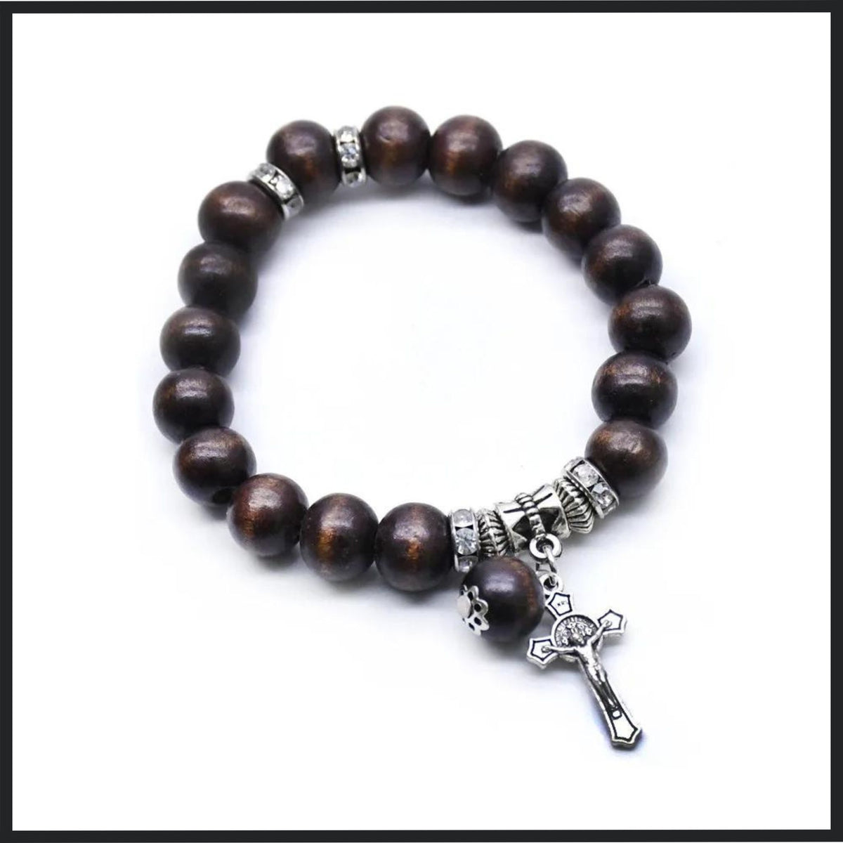 Elegant bracelet featuring rich coffee-colored wooden beads, silver-tone accents, and a detailed Jesus cross pendant.