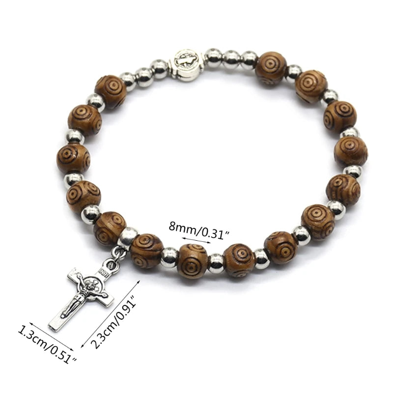 Vintage rosary bracelet with 8mm wood beads and a Jesus Christ crucifix cross pendant.