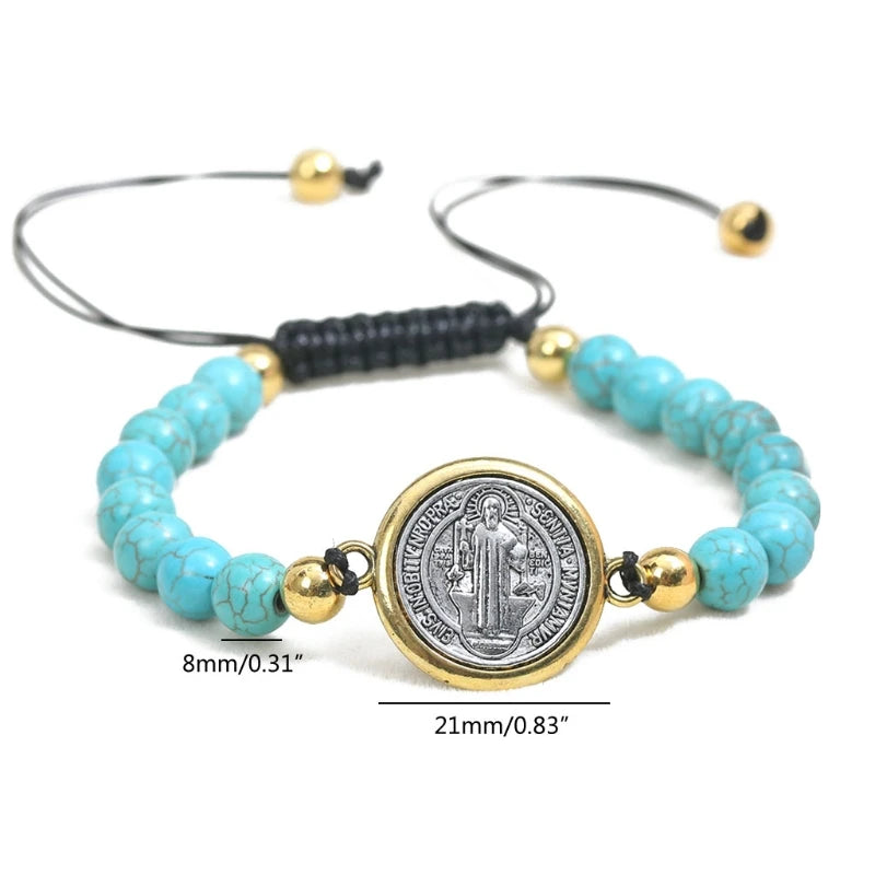 Elegant adjustable turquoise color bracelet featuring turquoise beads and a gold-toned Saint Benedict medal on a durable black cord.