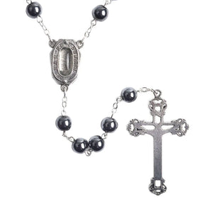 "Black Hematite Bead Rosary with Our Lady of Lourdes Centerpiece and Jerusalem Holy Water