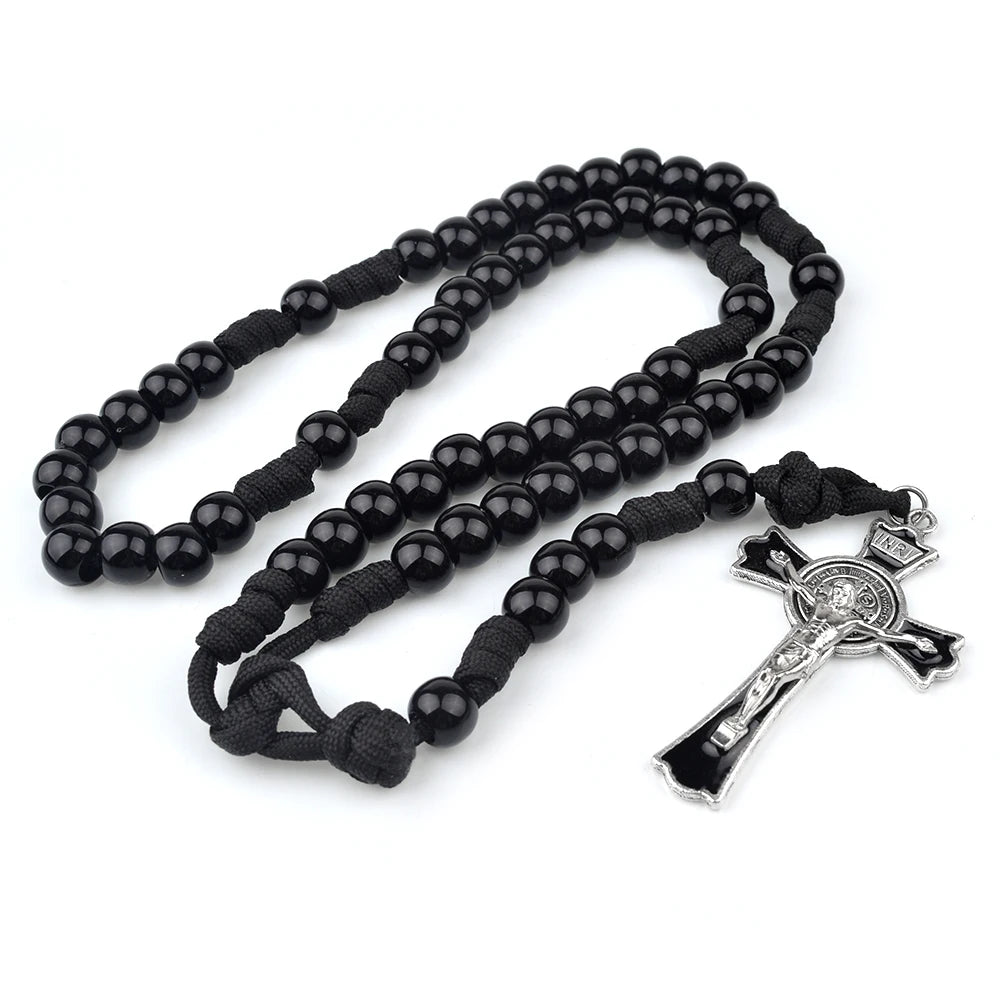 Rugged Black Paracord Rosary with Acrylic Beads