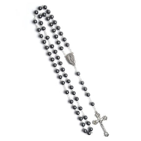 "Black Hematite Bead Rosary with Our Lady of Lourdes Centerpiece and Jerusalem Holy Water