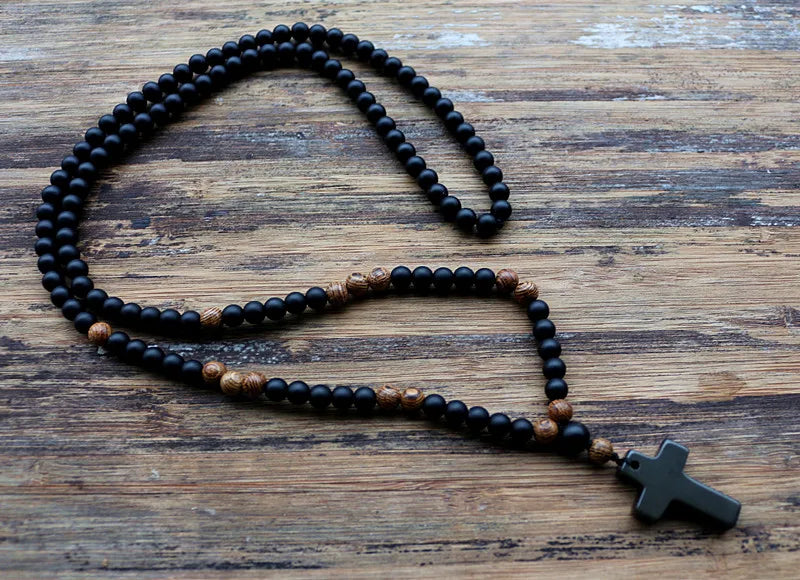 Black stone and wood bead prayer rosary with black stone cross pendant