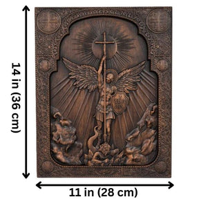 Hand-carved wooden icon featuring Archangel Michael with a retro color finish, perfect for wall hanging in home or church decor.