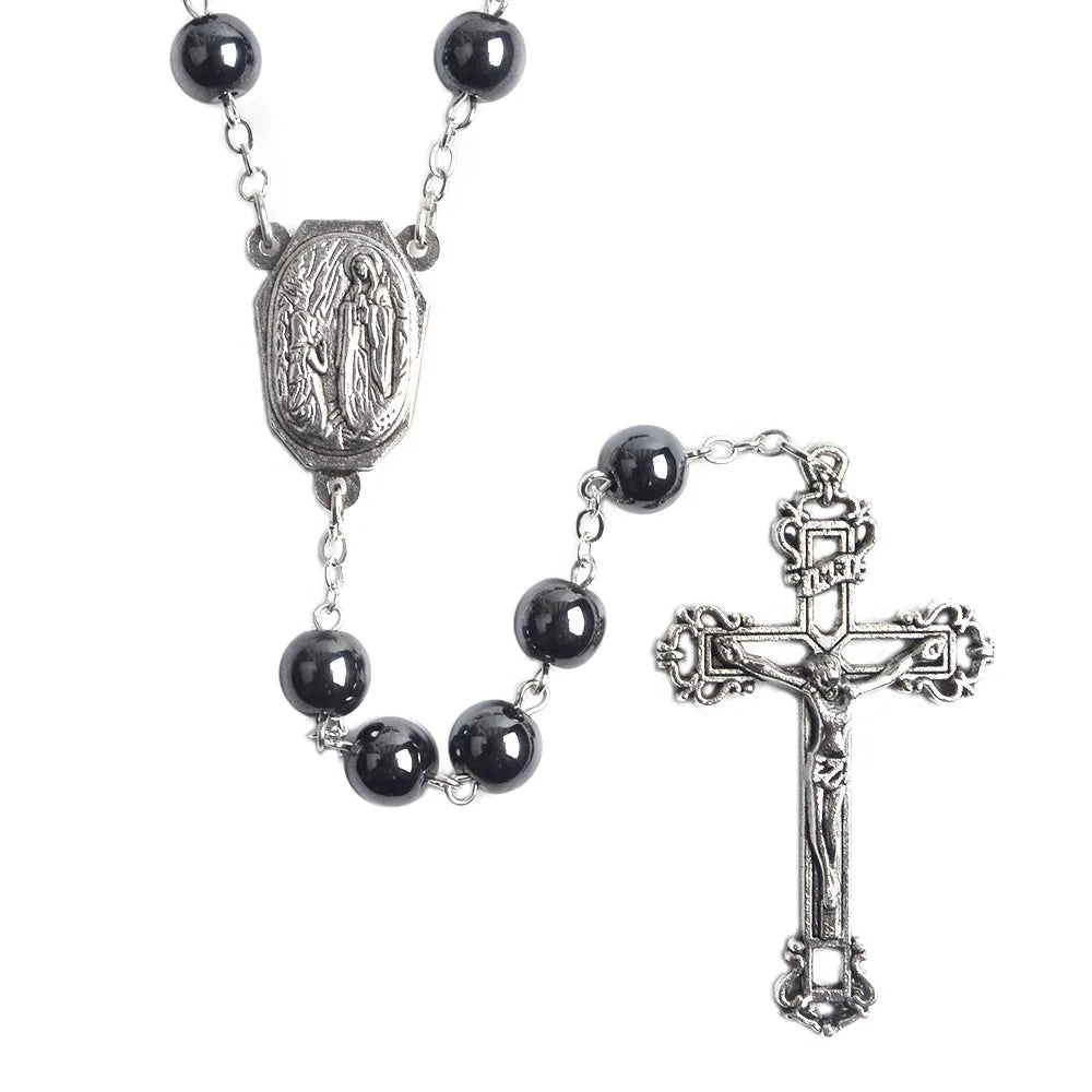 "Black Hematite Bead Rosary with Our Lady of Lourdes Centerpiece and Jerusalem Holy Water