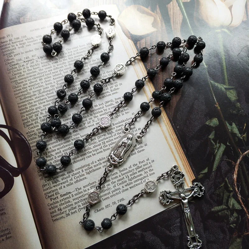 Black lava stone bead rosary with St. Benedict silver crucifix