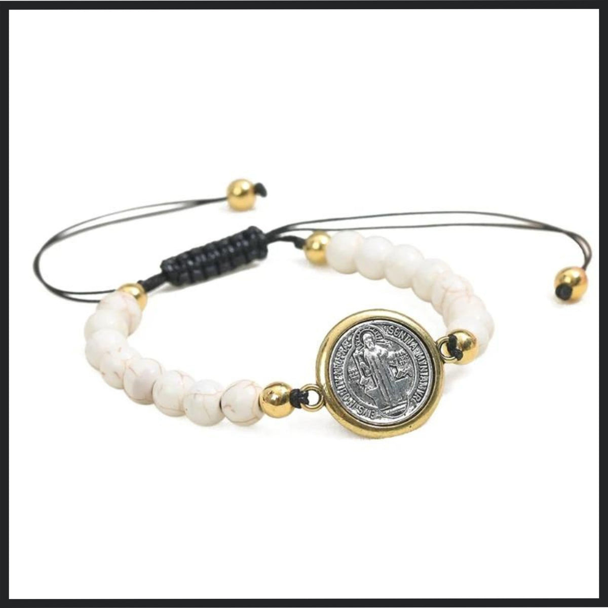 Elegant adjustable white color bracelet featuring turquoise beads and a gold-toned Saint Benedict medal on a durable black cord.