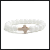 Heavenly white natural stone beaded bracelet featuring a cross charm, ideal for religious and everyday wear.