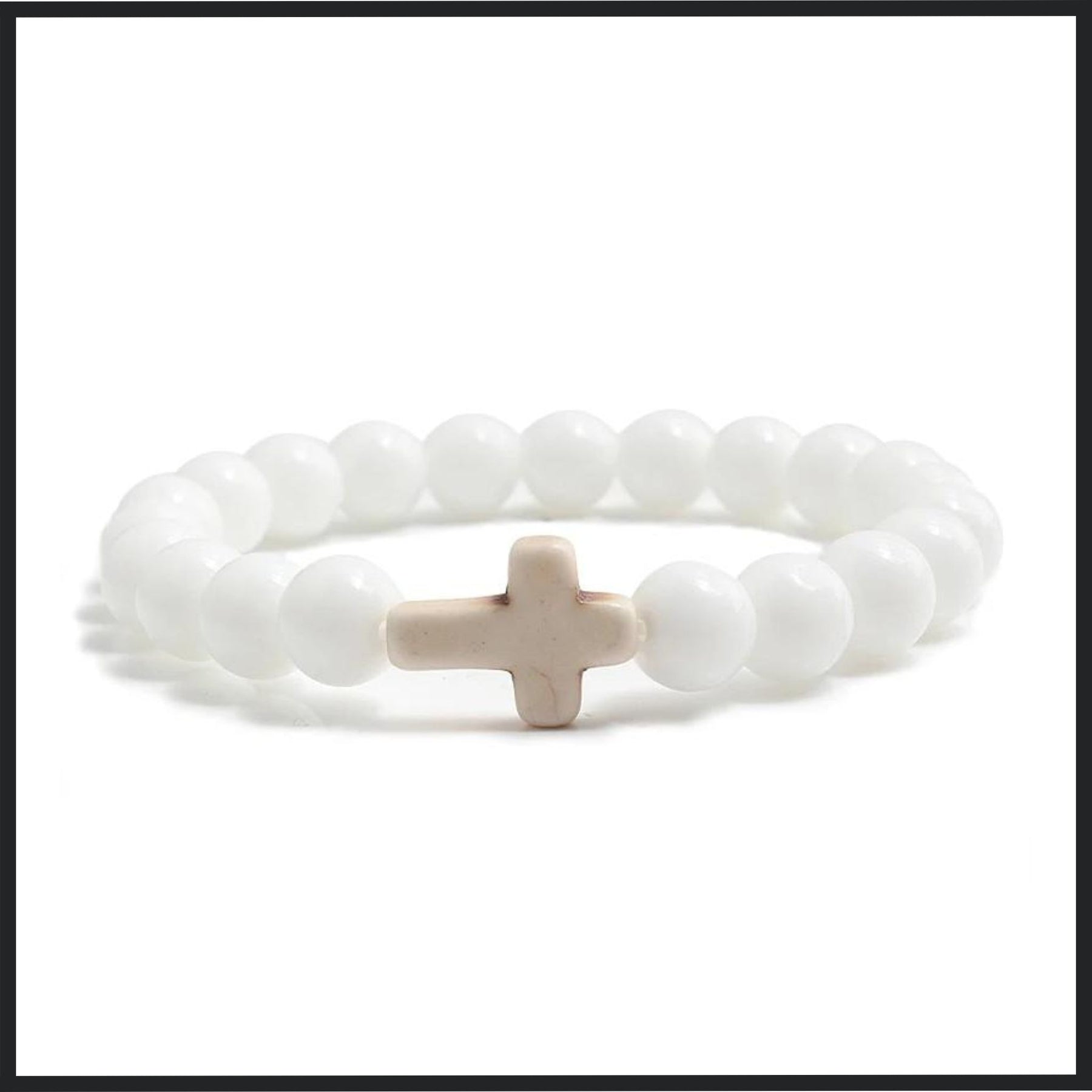 Heavenly white natural stone beaded bracelet featuring a cross charm, ideal for religious and everyday wear.