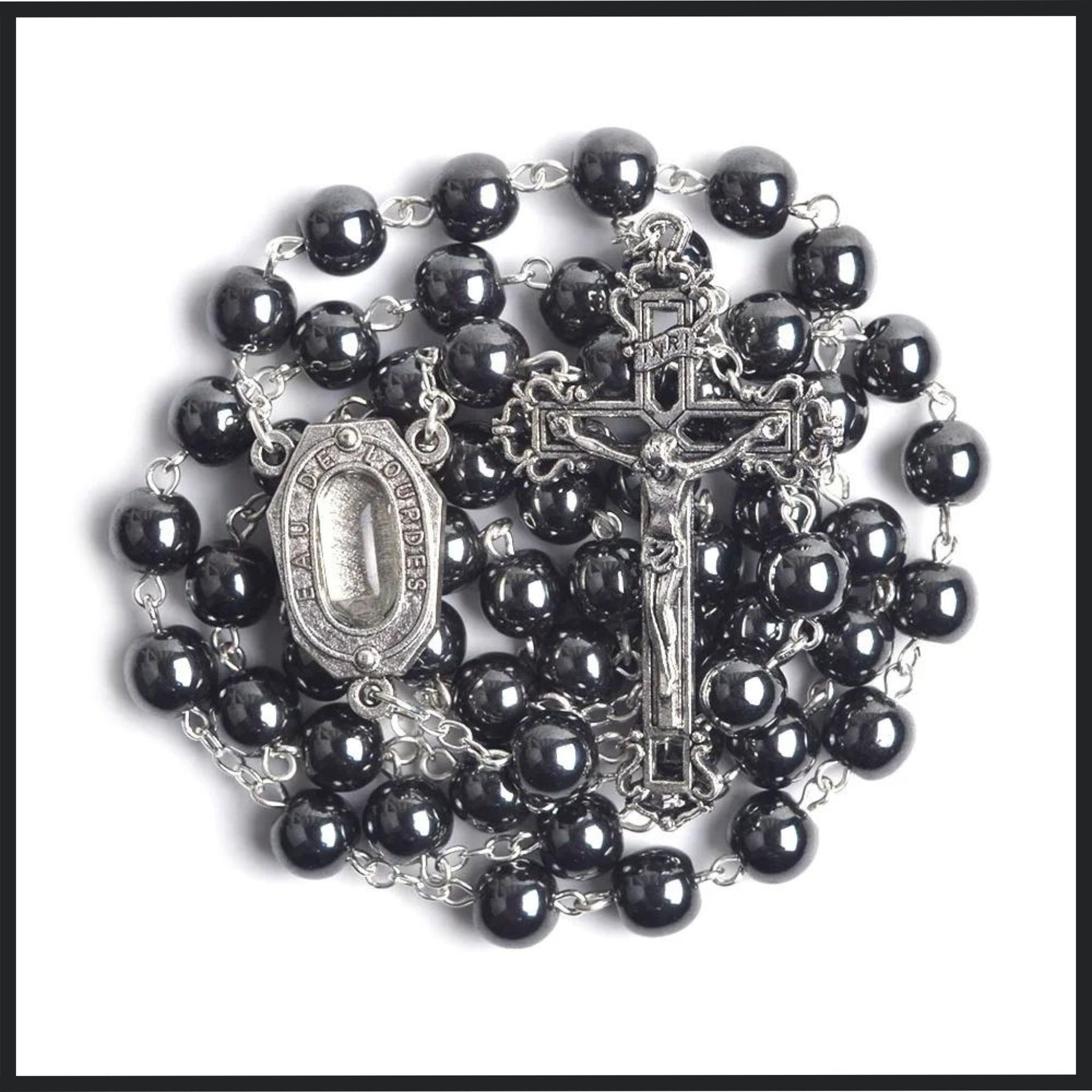 "Black Hematite Bead Rosary with Our Lady of Lourdes Centerpiece and Jerusalem Holy Water