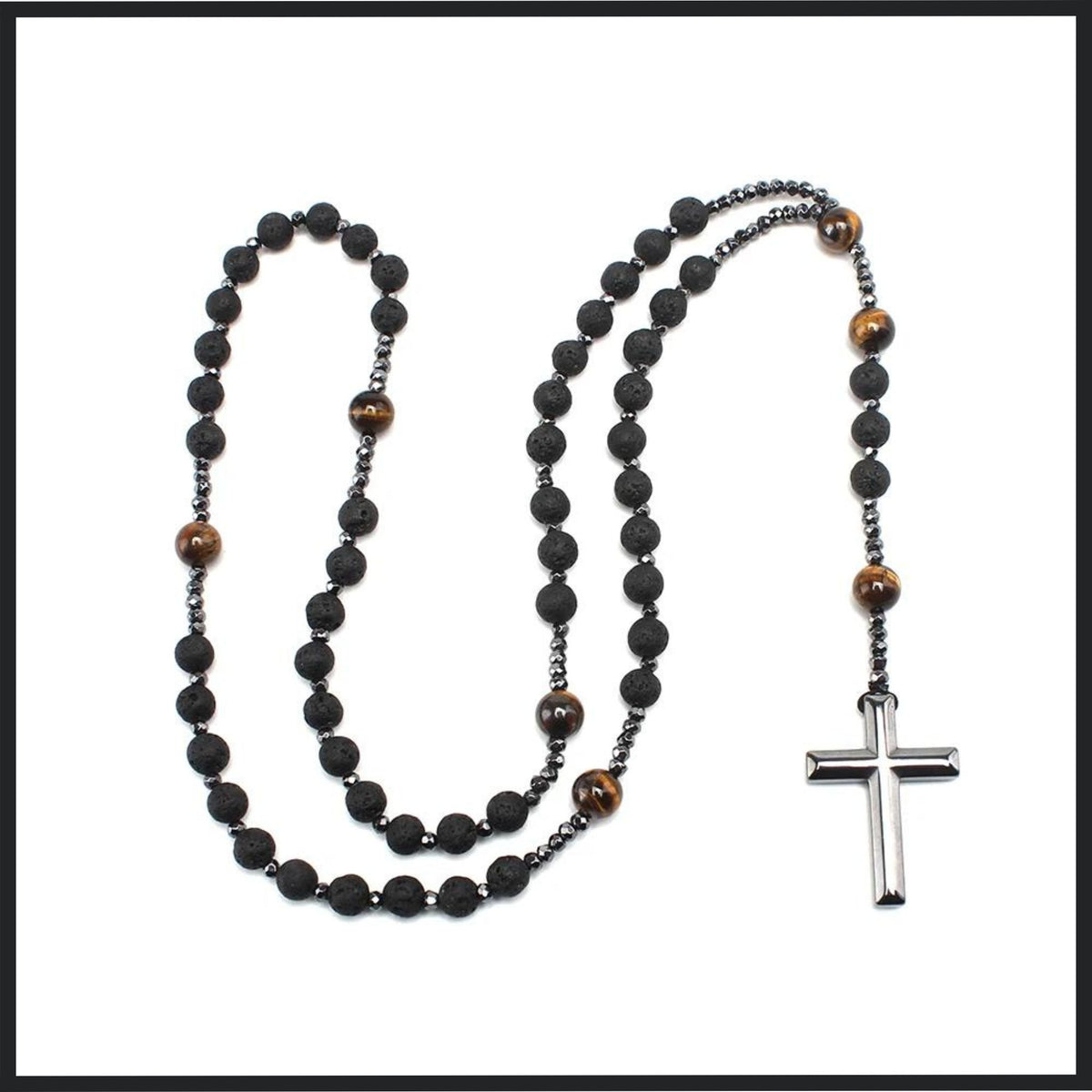 Elegant Lava Stone and Tiger-Eye Rosary with a Hematite Cross