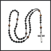 Elegant Lava Stone and Tiger-Eye Rosary with a Hematite Cross