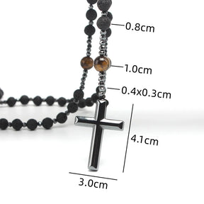 Elegant Lava Stone and Tiger-Eye Rosary with a Hematite Cross