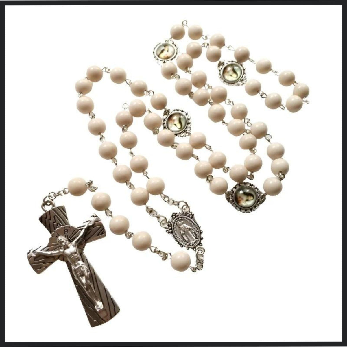 White Natural Stone Bead Rosary with Sacred Crucifix