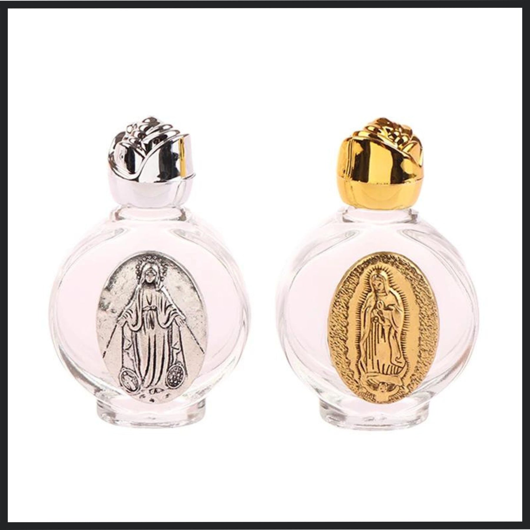 Glass holy water bottle with a gold or silver Our Lady of Guadalupe medallion and a rose-shaped twist-on lid. Use for: Baptism, First Communion, Holy Communion, Confirmation, Blessing of Homes, Blessing of Objects, Personal Devotion, Sacramentals, Church Entrances, Funerals, Easter Vigil, Special Feast Days, Easter, Weddings, Christmas.