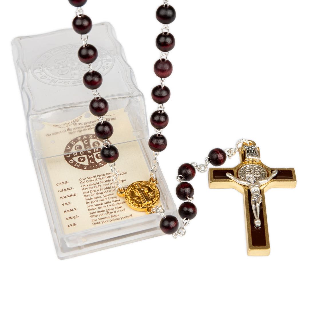 St. Benedict Wood Rosary — Gold-Tone | Made in Italy