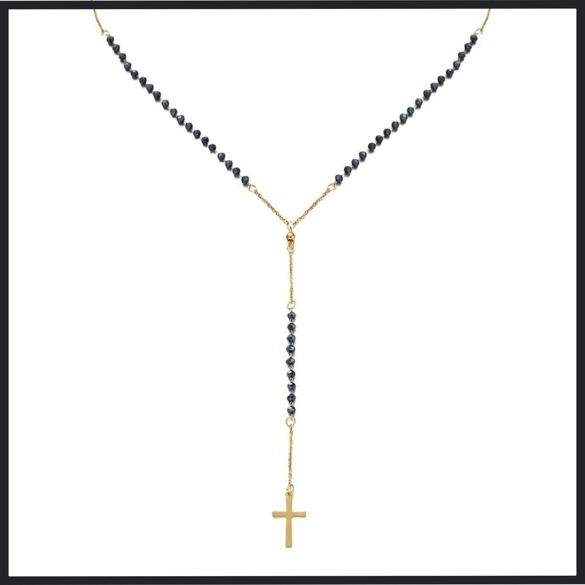 Gold-plated stainless steel rosary necklace featuring dark beads, a Y-shaped chain leading to a crucifix pendant, offering a sophisticated and spiritual design.