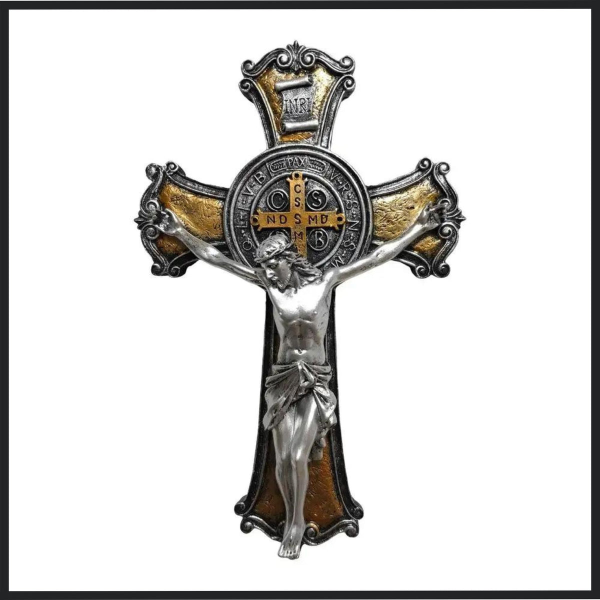 Rustic ornate crucifix with a detailed Jesus figure, 9.4 inches tall and 6.1 inches wide, suitable for wall hanging.