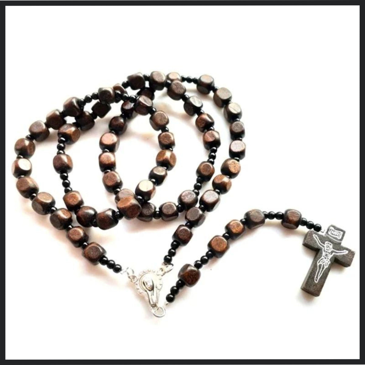 Rustic Wooden Rosary with Black Beads and a Traditional Crucifix Pendant