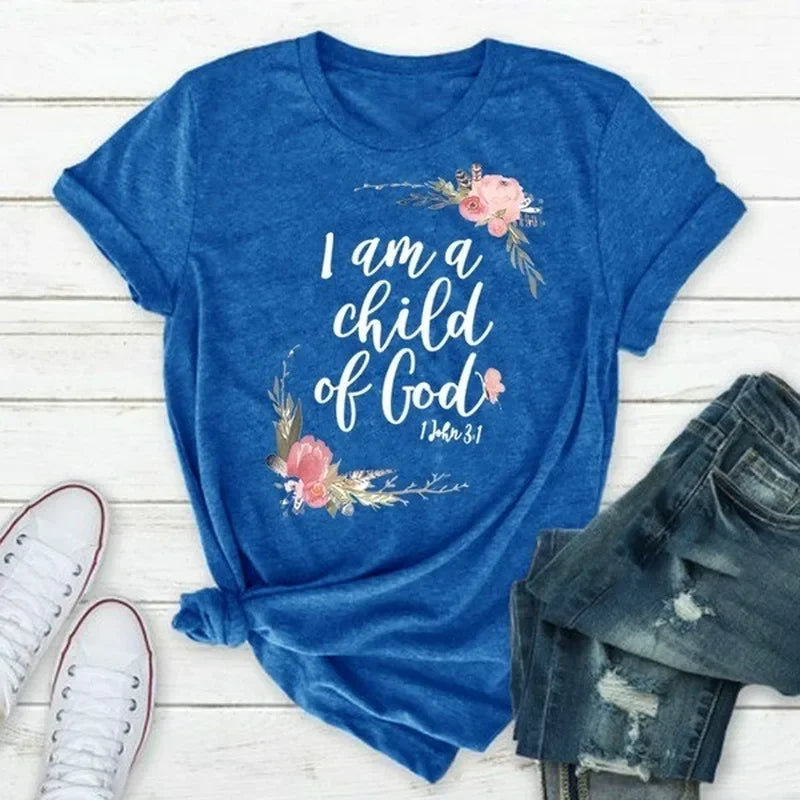 I Am a Child of God" Floral Print T-Shirt