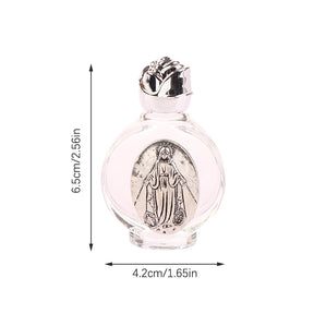 Glass holy water bottle with a gold Our Lady of Guadalupe medallion and a rose-shaped twist-on lid. Use for: Baptism, First Communion, Holy Communion, Confirmation, Blessing of Homes, Blessing of Objects, Personal Devotion, Sacramentals, Church Entrances, Funerals, Easter Vigil, Special Feast Days, Easter, Weddings, Christmas.