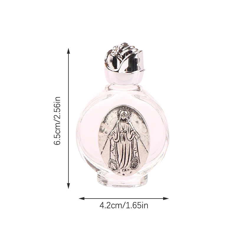 Glass holy water bottle with a gold Our Lady of Guadalupe medallion and a rose-shaped twist-on lid. Use for: Baptism, First Communion, Holy Communion, Confirmation, Blessing of Homes, Blessing of Objects, Personal Devotion, Sacramentals, Church Entrances, Funerals, Easter Vigil, Special Feast Days, Easter, Weddings, Christmas.