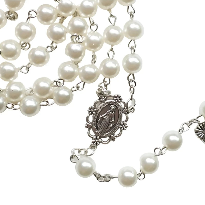 White Pearl Acrylic Bead Rosary with Silver Crucifix and Medal