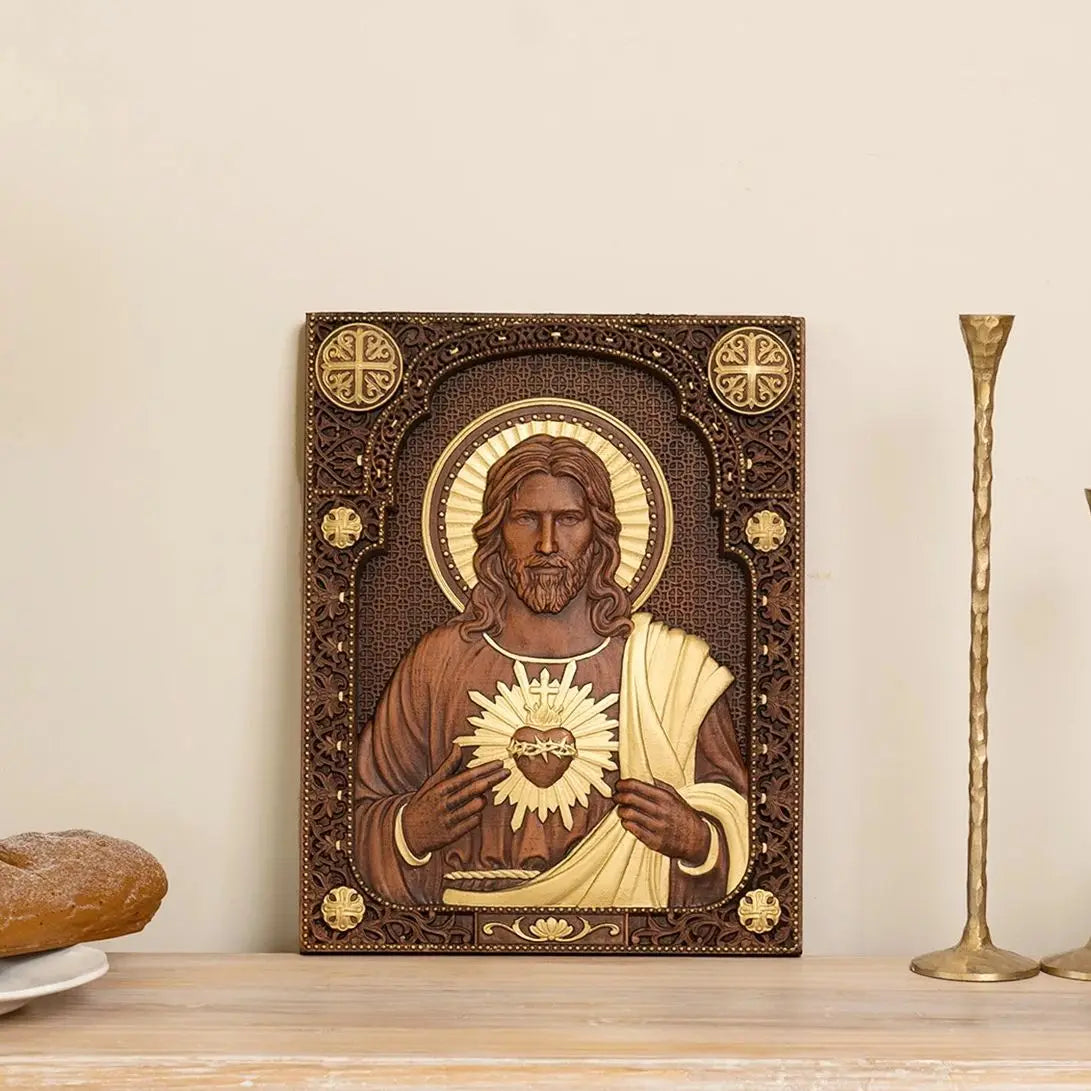 Hand-carved wooden plaque featuring the Sacred Heart of Jesus with intricate details and gold accents, perfect for wall hanging.