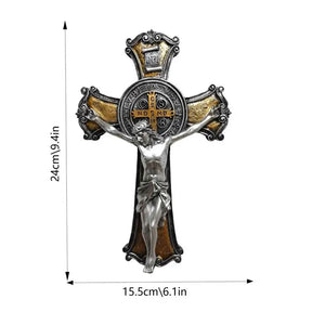 Rustic ornate crucifix with a detailed Jesus figure, 9.4 inches tall and 6.1 inches wide, suitable for wall hanging.