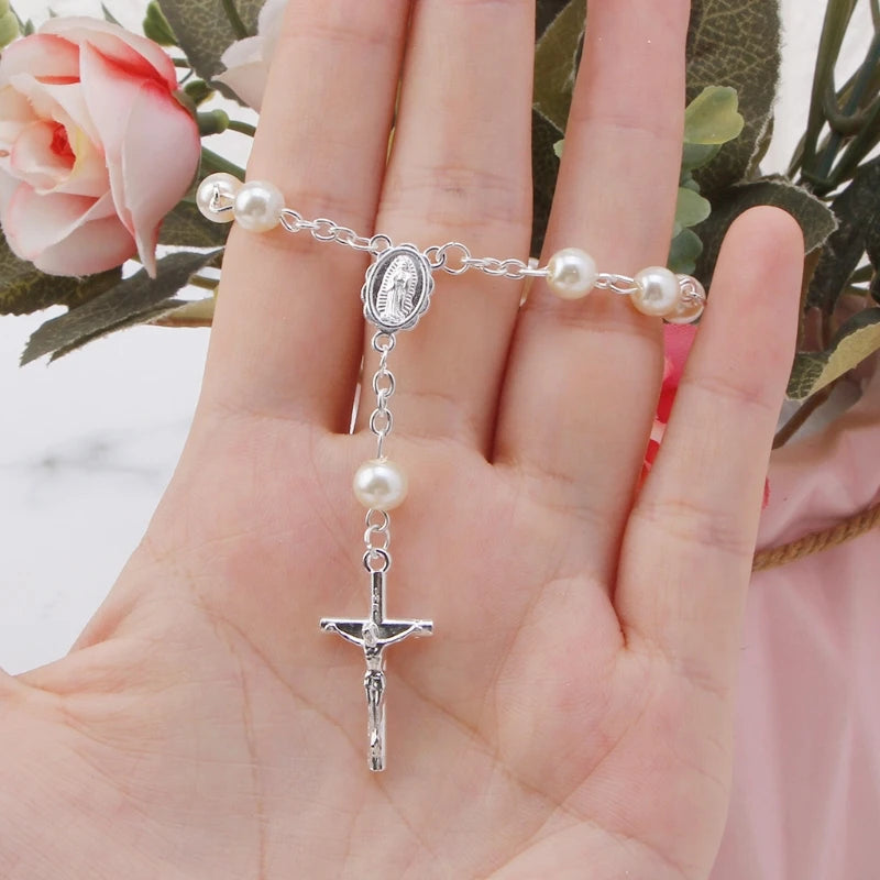 Silver-Plated Decade Rosary featuring a cross and pearl-like beads.