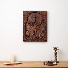 Hand-Carved Archangel Michael Wooden Plaque