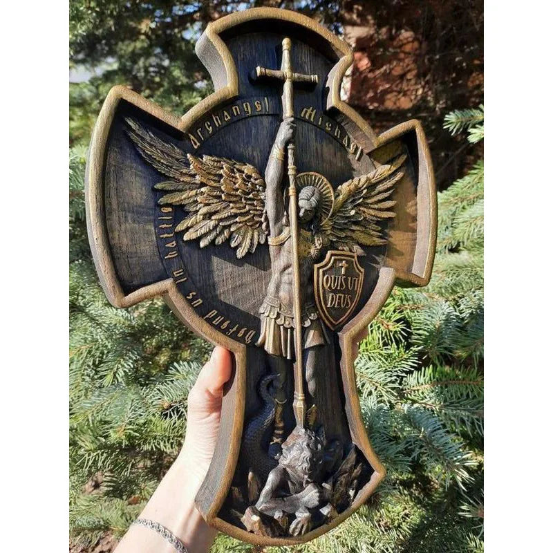 This beautifully crafted Archangel Michael resin cross statue is perfect for adding a touch of divine protection to any space. Its intricate details and high-quality resin material make it a standout piece for religious art enthusiasts.