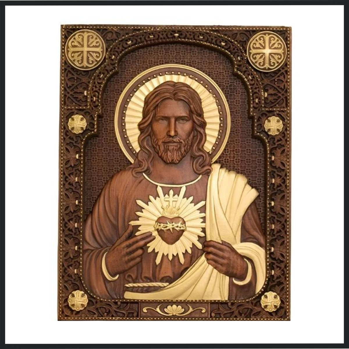 Hand-carved wooden plaque featuring the Sacred Heart of Jesus with intricate details and gold accents, perfect for wall hanging.