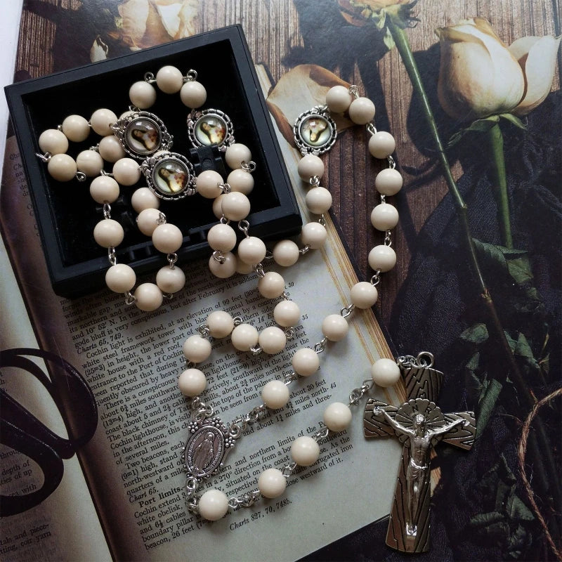 White Natural Stone Bead Rosary with Sacred Crucifix