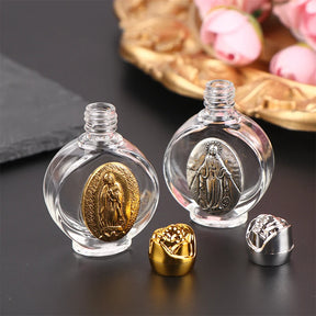 Glass holy water bottle with a gold or silver Our Lady of Guadalupe medallion and a rose-shaped twist-on lid. Use for: Baptism, First Communion, Holy Communion, Confirmation, Blessing of Homes, Blessing of Objects, Personal Devotion, Sacramentals, Church Entrances, Funerals, Easter Vigil, Special Feast Days, Easter, Weddings, Christmas.