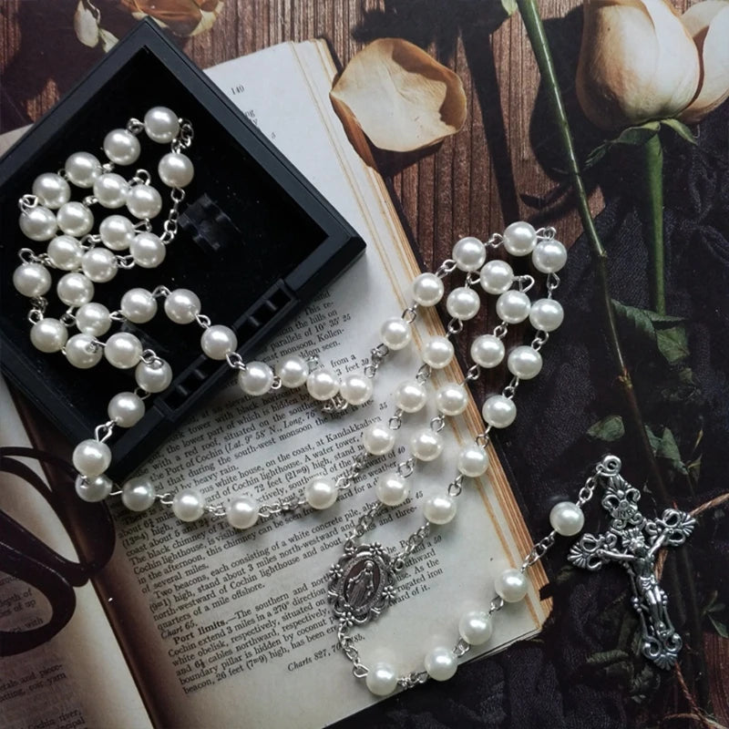 White Pearl Acrylic Bead Rosary with Silver Crucifix and Medal