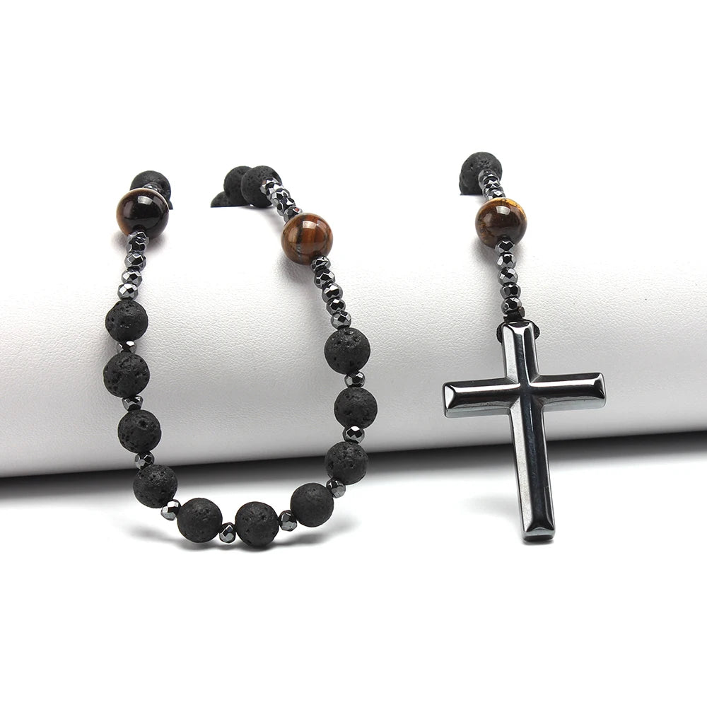 Elegant Lava Stone and Tiger-Eye Rosary with a Hematite Cross